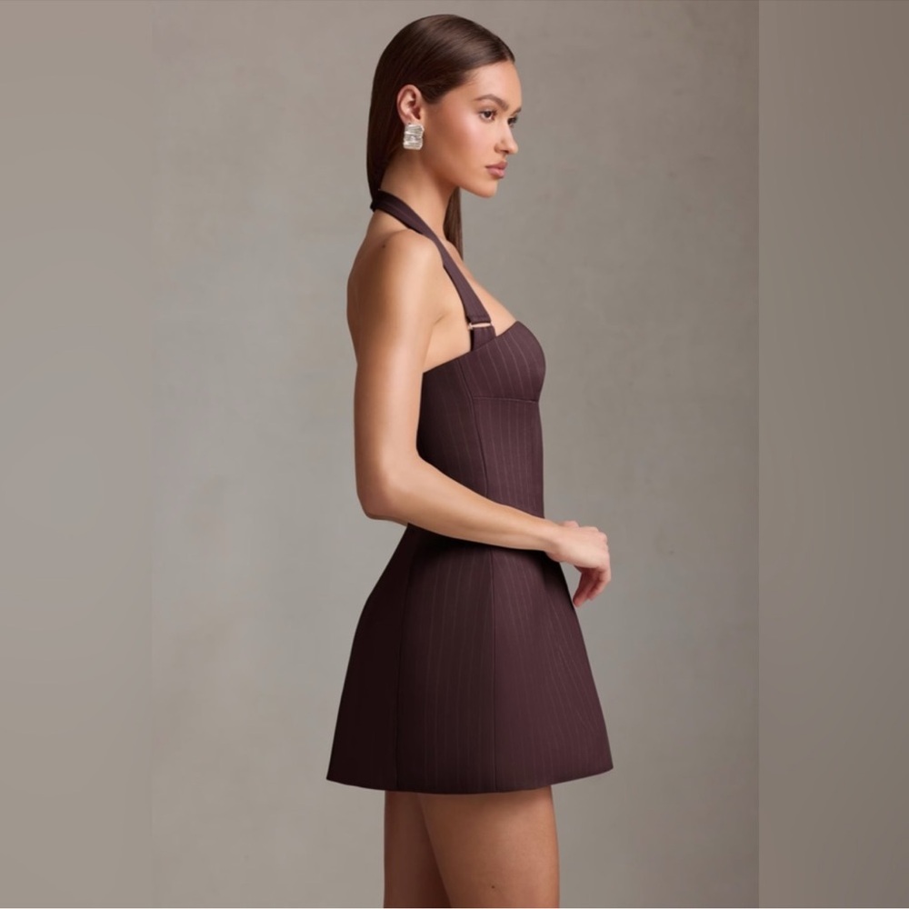 Oh Polly! brown Pinstripe A-Line Halter mini  Dress size 2 NWT - Picture 4 of 16